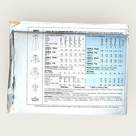 Vintage 1970s McCalls Sewing Pattern 5933 Girls Dress Top Size 12 Uncut - Picture 2 of 2